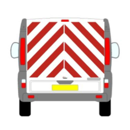 Vinilo de 920x1700mm reflexivo RA2 para puerta trasera de furgonetas con fondo blanco y bandas rojas